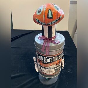 Handmade Halloween Assemblage Art Vintage Inspired Can w/ PumpkinHead 17”